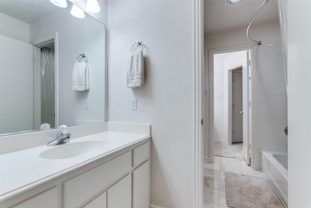 5916 Broadmoor Dr, Plano, TX 75093 - bathroom featuring vanity, shower / bath combination with curtain, and baseboards