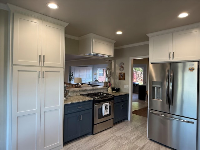 3417 Danbury Dr, Amarillo, TX 79109 - kitchen featuring appliances with stainless steel finishes, white cabinetry, ornamental molding, light stone counters, and recessed lighting