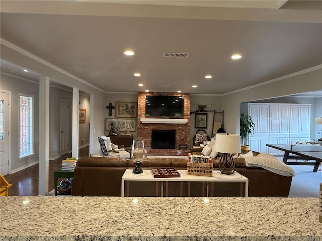3417 Danbury Dr, Amarillo, TX 79109 - living room with ornamental molding, a fireplace, recessed lighting, and baseboards