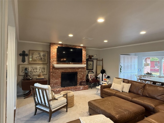 3417 Danbury Dr, Amarillo, TX 79109 - living area featuring crown molding, carpet flooring, a brick fireplace, and recessed lighting