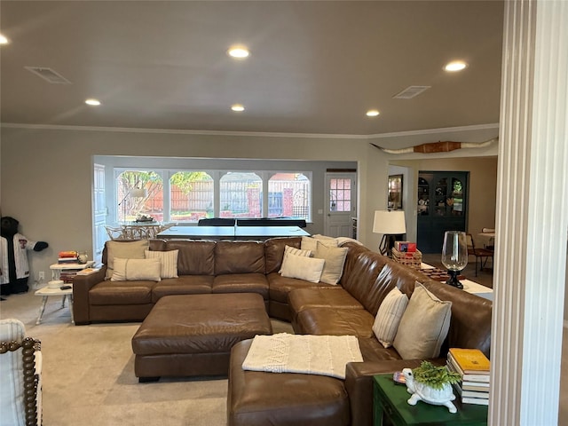 3417 Danbury Dr, Amarillo, TX 79109 - living room with ornamental molding, carpet, recessed lighting, and billiards