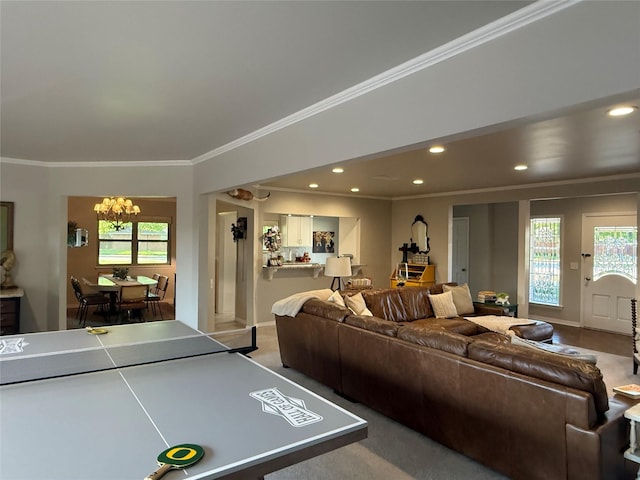 3417 Danbury Dr, Amarillo, TX 79109 - recreation room with ornamental molding, a chandelier, healthy amount of natural light, and recessed lighting