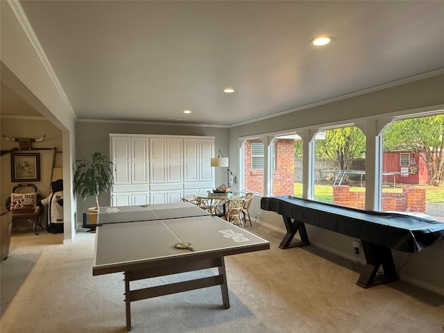 3417 Danbury Dr, Amarillo, TX 79109 - recreation room featuring light carpet, ornamental molding, recessed lighting, and baseboards