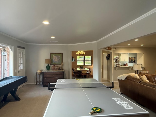 3417 Danbury Dr, Amarillo, TX 79109 - game room with light carpet, a chandelier, ornamental molding, recessed lighting, and baseboards
