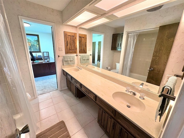 1107 Rock Springs Rd, Duncanville, TX 75137 - bathroom with double vanity, tile patterned flooring, and shower / bathtub combination with curtain