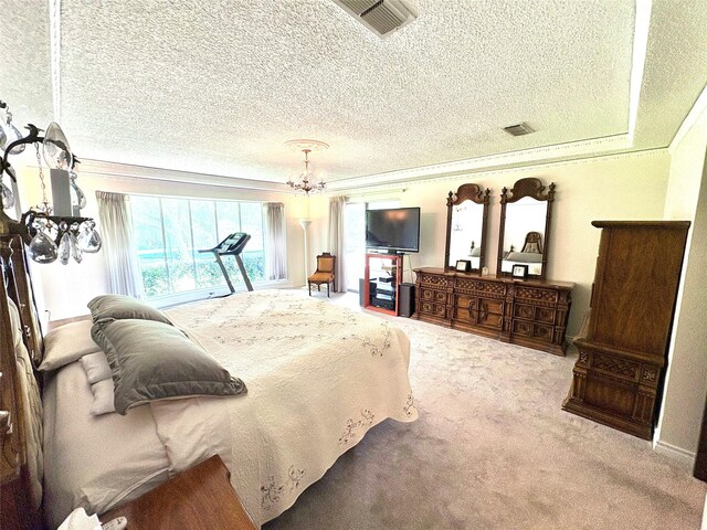1107 Rock Springs Rd, Duncanville, TX 75137 - bedroom featuring a chandelier, a textured ceiling, crown molding, and carpet floors