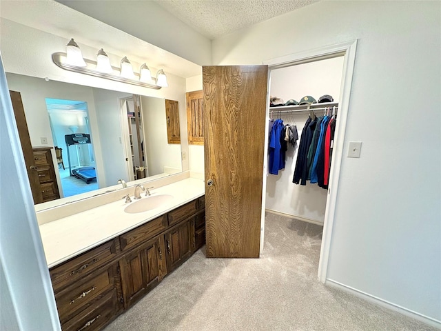 1107 Rock Springs Rd, Duncanville, TX 75137 - bathroom with vanity, a textured ceiling, a spacious closet, and carpet flooring