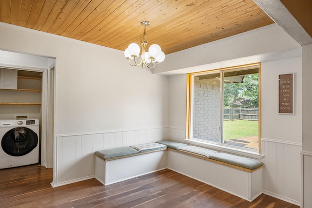 1807 Roosevelt Ct, Pantego, TX 76013 - unfurnished dining area featuring washer / clothes dryer, wood ceiling, wainscoting, a chandelier, and hardwood / wood-style flooring