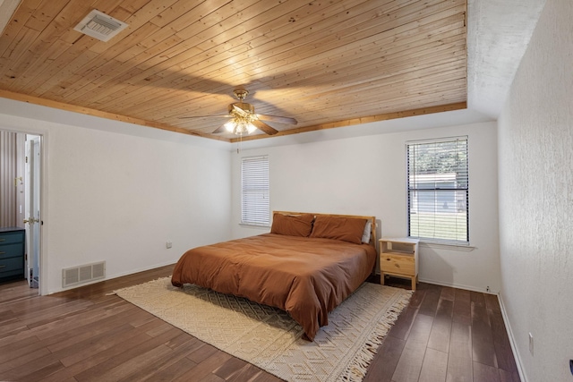 1807 Roosevelt Ct, Pantego, TX 76013 - bedroom featuring wood ceiling, wood-type flooring, baseboards, a ceiling fan, and a raised ceiling