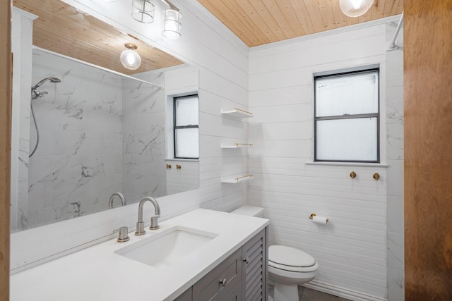 1807 Roosevelt Ct, Pantego, TX 76013 - full bathroom with wood ceiling, vanity, toilet, a shower, and tile walls