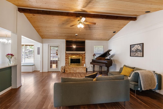 1807 Roosevelt Ct, Pantego, TX 76013 - living room with wooden ceiling, hardwood / wood-style floors, ceiling fan, a fireplace, and a chandelier