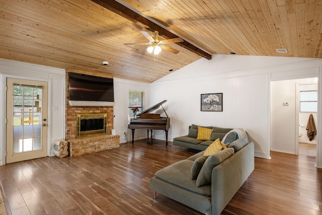 1807 Roosevelt Ct, Pantego, TX 76013 - living room with wooden ceiling, wood-type flooring, ceiling fan, and a fireplace