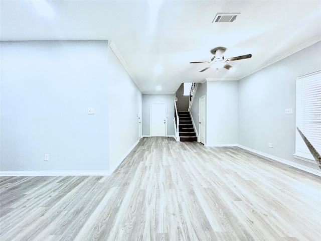 2324 Homewood Ln, Grand Prairie, TX 75050 - unfurnished living room featuring crown molding, a ceiling fan, stairs, baseboards, and wood finished floors