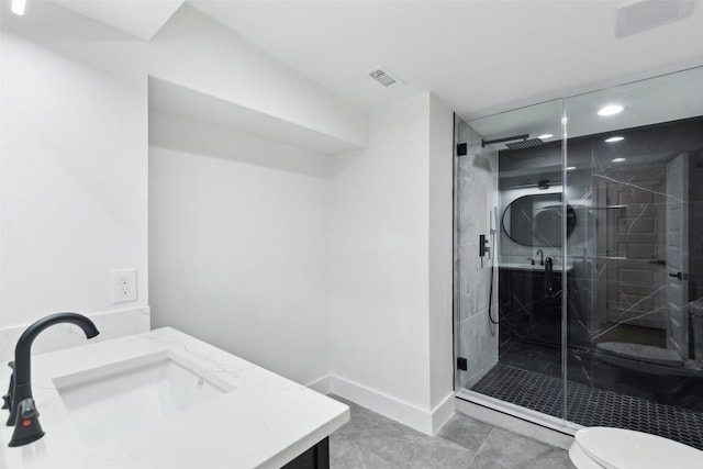 1309 Northpark Dr, Richardson, TX 75081 - full bath featuring vanity, toilet, a shower stall, recessed lighting, and baseboards