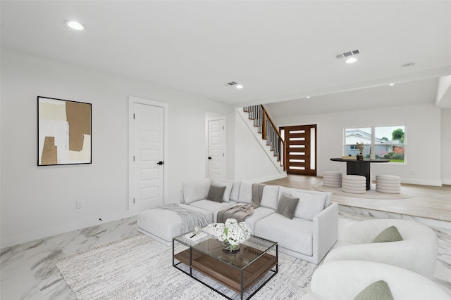 1309 Northpark Dr, Richardson, TX 75081 - living room featuring stairway, marble finish floors, recessed lighting, and baseboards