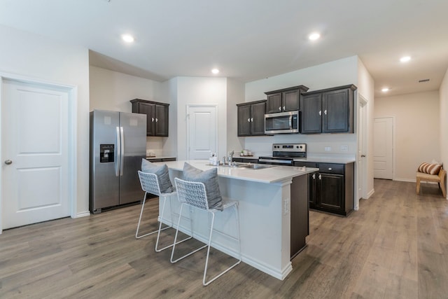 6514 Whitecap Dr, Princeton, TX 75407 - kitchen featuring appliances with stainless steel finishes, a breakfast bar area, a sink, light wood-type flooring, and a center island with sink