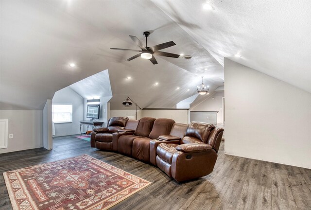 6811 Pecan St, Frisco, TX 75034 - cinema with ceiling fan, wood finished floors, lofted ceiling, and recessed lighting