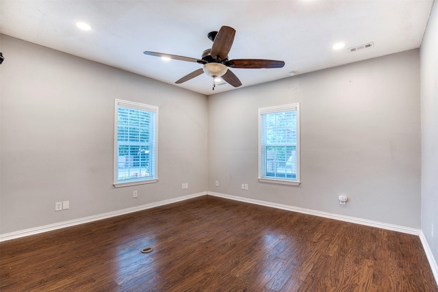 6811 Pecan St, Frisco, TX 75034 - empty room featuring ceiling fan, baseboards, dark wood-type flooring, and recessed lighting