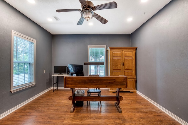6811 Pecan St, Frisco, TX 75034 - home office featuring wood finished floors, a ceiling fan, recessed lighting, baseboards, and a textured wall