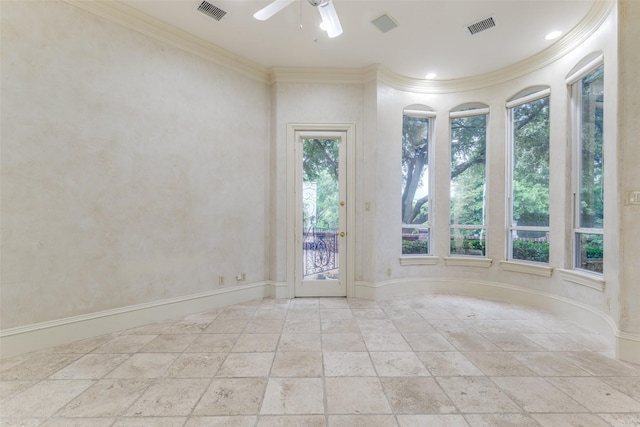 5528 Gleneagles Dr, Plano, TX 75093 - empty room with ceiling fan, crown molding, and stone tile floors