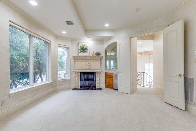 5528 Gleneagles Dr, Plano, TX 75093 - unfurnished living room with ornamental molding, light carpet, a fireplace with flush hearth, baseboards, and recessed lighting