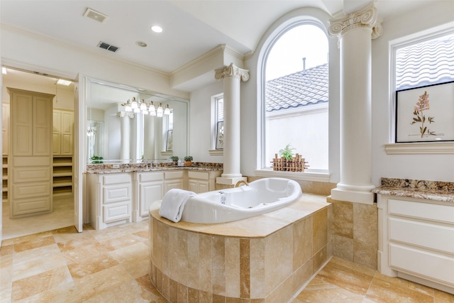 5528 Gleneagles Dr, Plano, TX 75093 - full bathroom featuring decorative columns, vanity, crown molding, a jetted tub, and recessed lighting