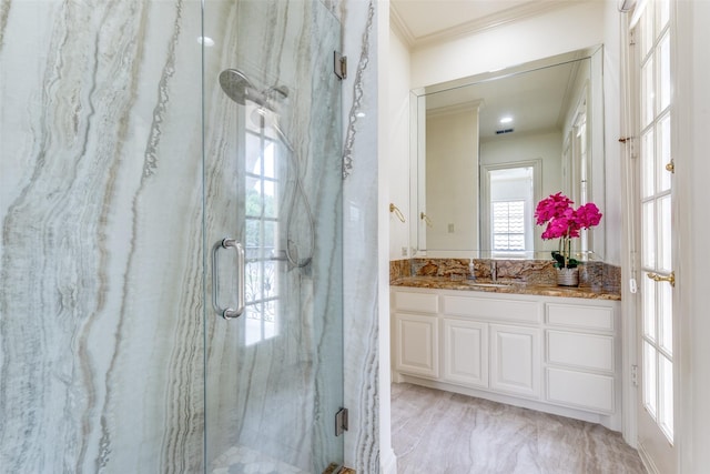 5528 Gleneagles Dr, Plano, TX 75093 - bathroom with crown molding, a marble finish shower, and vanity