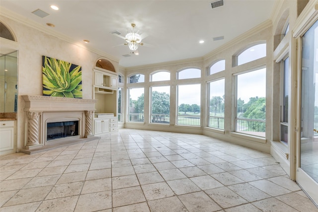 5528 Gleneagles Dr, Plano, TX 75093 - unfurnished living room featuring crown molding, a fireplace with raised hearth, and recessed lighting