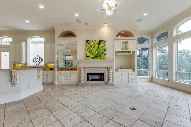 5528 Gleneagles Dr, Plano, TX 75093 - unfurnished living room with ceiling fan, a fireplace with raised hearth, crown molding, and recessed lighting