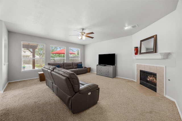 60 Misty Mesa Trl, Mansfield, TX 76063 - living room with carpet, ceiling fan, a fireplace, and baseboards