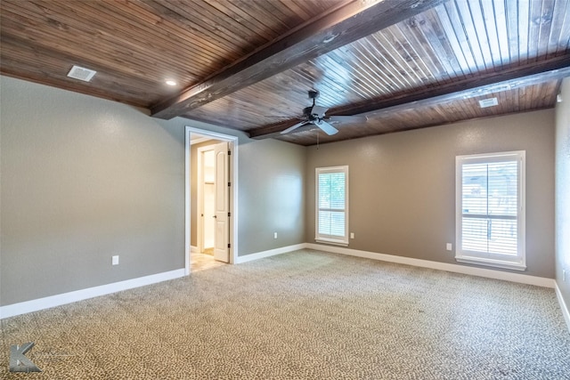 2326 Innisbrook Dr, Abilene, TX 79606 - carpeted spare room featuring wooden ceiling with exposed beams, baseboards, and a ceiling fan