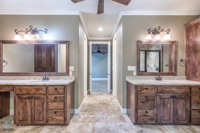 2326 Innisbrook Dr, Abilene, TX 79606 - full bathroom with ceiling fan, ornamental molding, two vanities, baseboards, and a textured wall