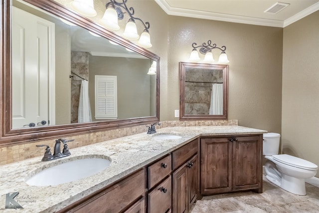 2326 Innisbrook Dr, Abilene, TX 79606 - bathroom featuring double vanity, toilet, ornamental molding, a shower with shower curtain, and a textured wall