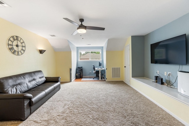 142 Shelby Trce, Murphy, TX 75094 - carpeted living room featuring a ceiling fan, baseboards, an office area, and lofted ceiling