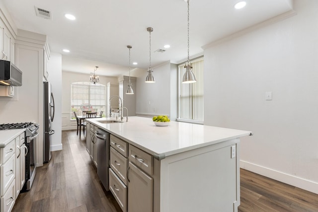 142 Shelby Trce, Murphy, TX 75094 - kitchen featuring a sink, stainless steel appliances, a kitchen island with sink, light countertops, and dark wood-style floors