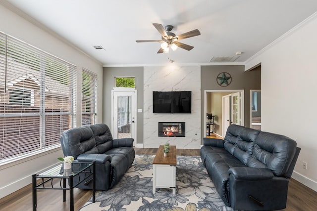 142 Shelby Trce, Murphy, TX 75094 - living area featuring ceiling fan, wood finished floors, crown molding, baseboards, and a fireplace