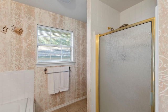 431 Jib Dr, Gun Barrel City, TX 75156 - full bath with a shower stall, wallpapered walls, tile patterned floors, a bath, and baseboards