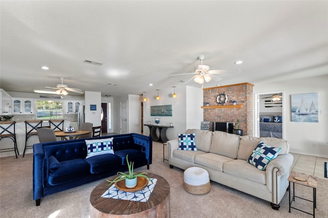 431 Jib Dr, Gun Barrel City, TX 75156 - carpeted living room featuring ceiling fan, recessed lighting, and a fireplace