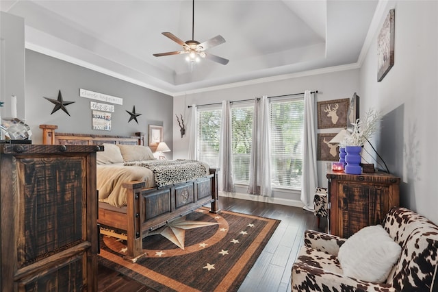 1447 Cimarron Trl, Hurst, TX 76053 - bedroom with a tray ceiling, dark wood finished floors, and ceiling fan