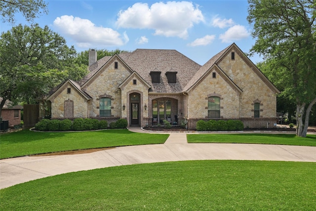 1447 Cimarron Trl, Hurst, TX 76053 - french country inspired facade with stone siding, a front lawn, a chimney, and brick siding