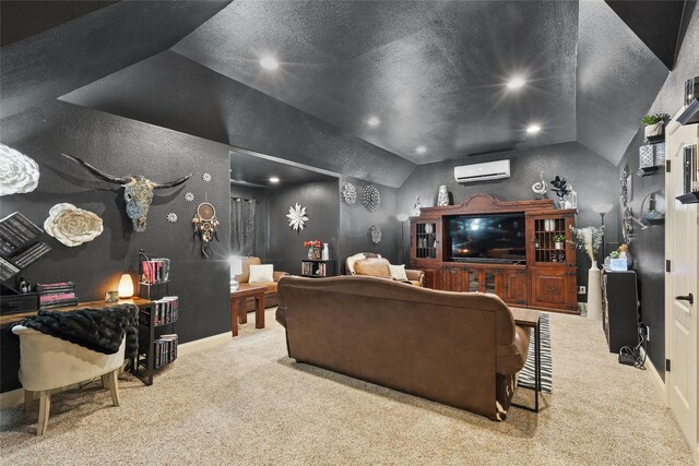 1447 Cimarron Trl, Hurst, TX 76053 - home theater room with carpet, a wall mounted AC, vaulted ceiling, and recessed lighting