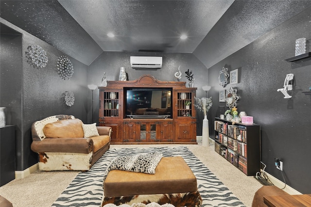 1447 Cimarron Trl, Hurst, TX 76053 - living area with a wall unit AC, lofted ceiling, carpet, baseboards, and a textured wall