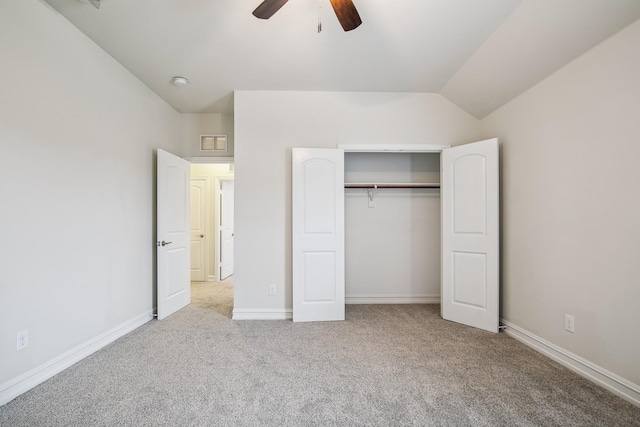 2341 Leeward Pl, Little Elm, TX 75068 - unfurnished bedroom featuring vaulted ceiling, carpet flooring, a closet, baseboards, and a ceiling fan