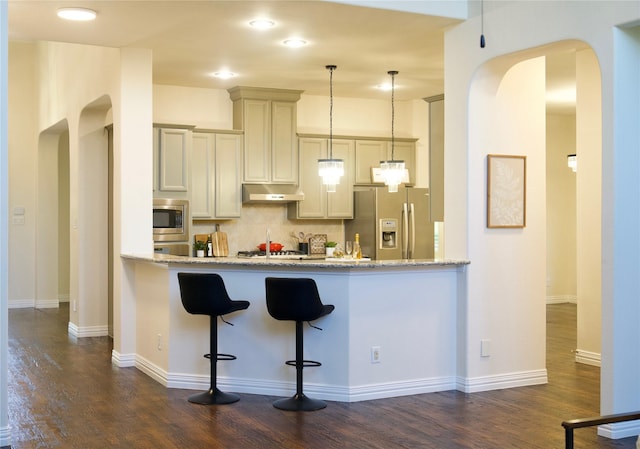 4561 Firewheel Dr, Plano, TX 75024 - kitchen with stainless steel appliances, under cabinet range hood, a peninsula, decorative backsplash, and dark wood-type flooring