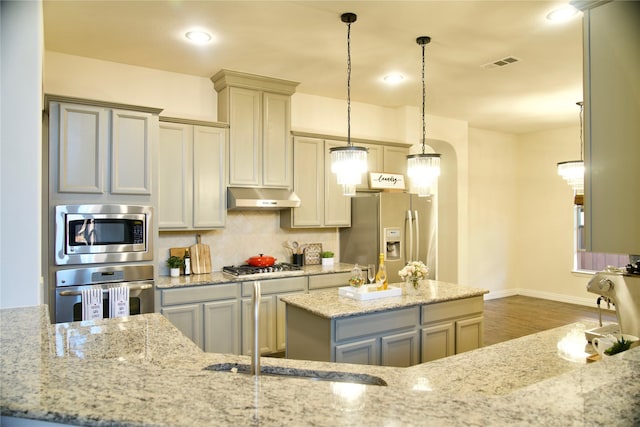 4561 Firewheel Dr, Plano, TX 75024 - kitchen featuring appliances with stainless steel finishes, under cabinet range hood, tasteful backsplash, wood finished floors, and hanging light fixtures