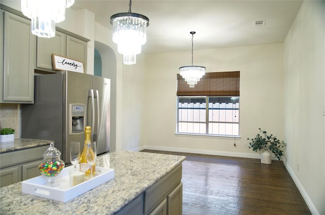 4561 Firewheel Dr, Plano, TX 75024 - kitchen featuring a chandelier, stainless steel fridge with ice dispenser, dark wood finished floors, and gray cabinetry