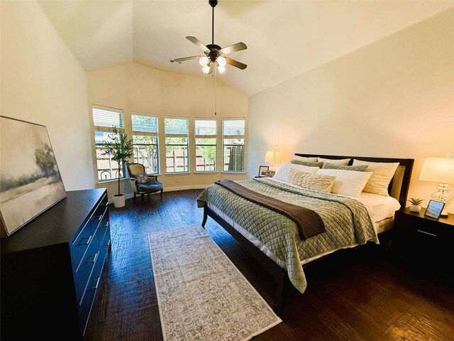 4561 Firewheel Dr, Plano, TX 75024 - bedroom featuring dark wood finished floors, ceiling fan, high vaulted ceiling, and baseboards