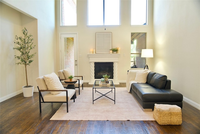 4561 Firewheel Dr, Plano, TX 75024 - living area with healthy amount of natural light, wood finished floors, a glass covered fireplace, a high ceiling, and baseboards