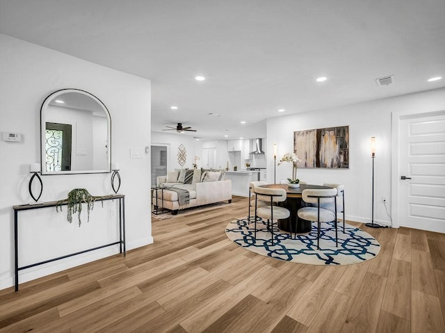 2371 Chart Dr, Dallas, TX 75228 - dining room with light wood-type flooring, recessed lighting, baseboards, and a ceiling fan
