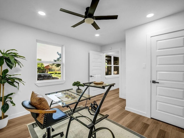 2371 Chart Dr, Dallas, TX 75228 - office with ceiling fan, baseboards, light wood-style flooring, and recessed lighting